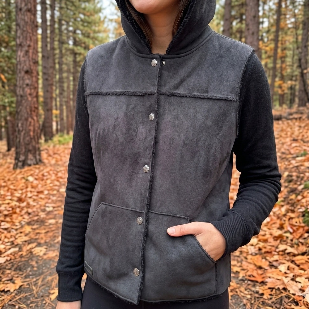Lauren RL Vest Women Medium Black Faux Suede Sherpa Lined Hooded Snap Button